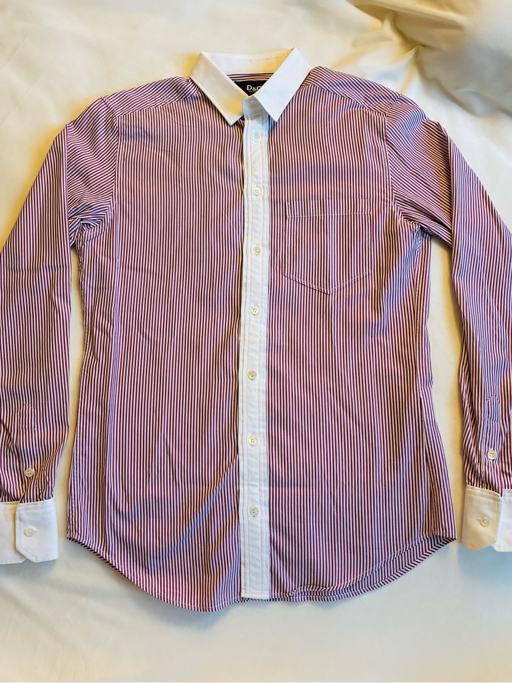 D&G Men’s Red and White Pinstripe Dress Shirt with White Contrast